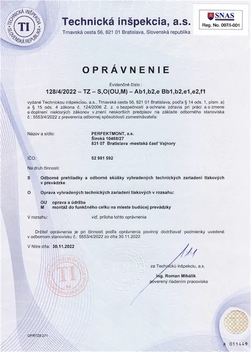 Zertifikat Oprávnenie – vyhradené technické zariadenia tlakové – Technická inšpekcia, a.s.