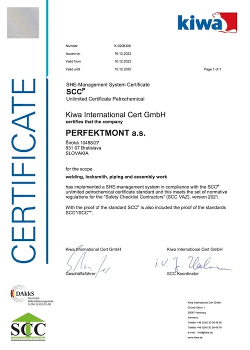 Certificate SCCᴾ – SHE Management System – Kiwa International Cert GmbH