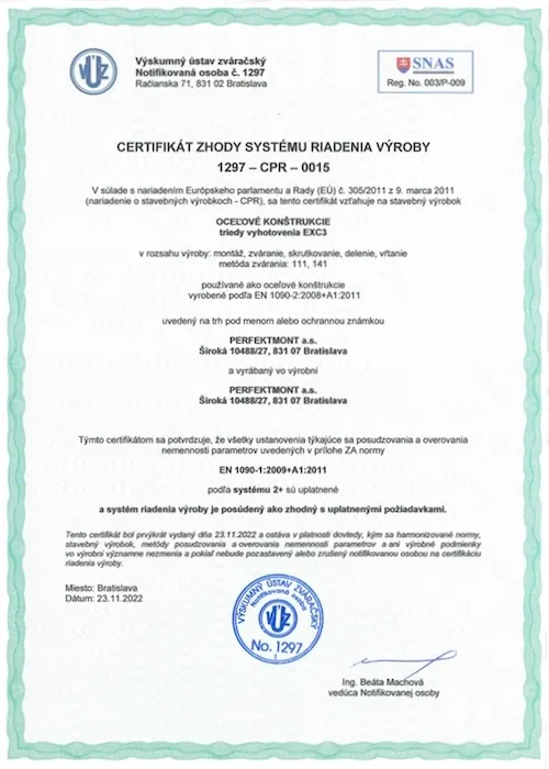Zertifikat EN 1090-1:2009+A1:2011 (EXC3) – Výskumný ústav zváračský – notifikovaná osoba 1297