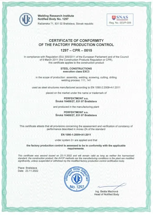 Certificate EN 1090-1:2009+A1:2011 (EXC3) – Welding Research Institute – Notified Body 1297
