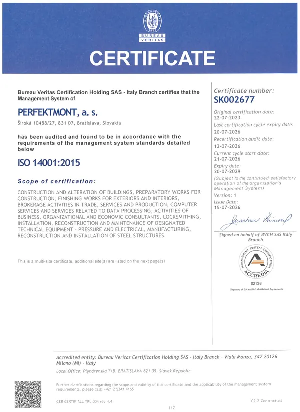 Certificate ISO 14001:2015 – Bureau Veritas Certification