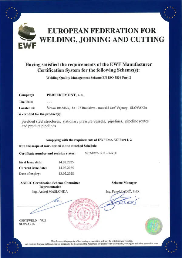 Certificate EWF Manufacturer Certification – EN ISO 3834-2 – European Federation for Welding, Joining and Cutting