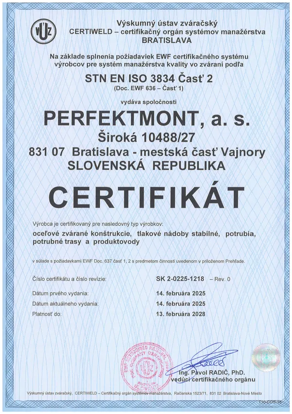 Zertifikat STN EN ISO 3834-2 – VÚZ CERTIWELD
