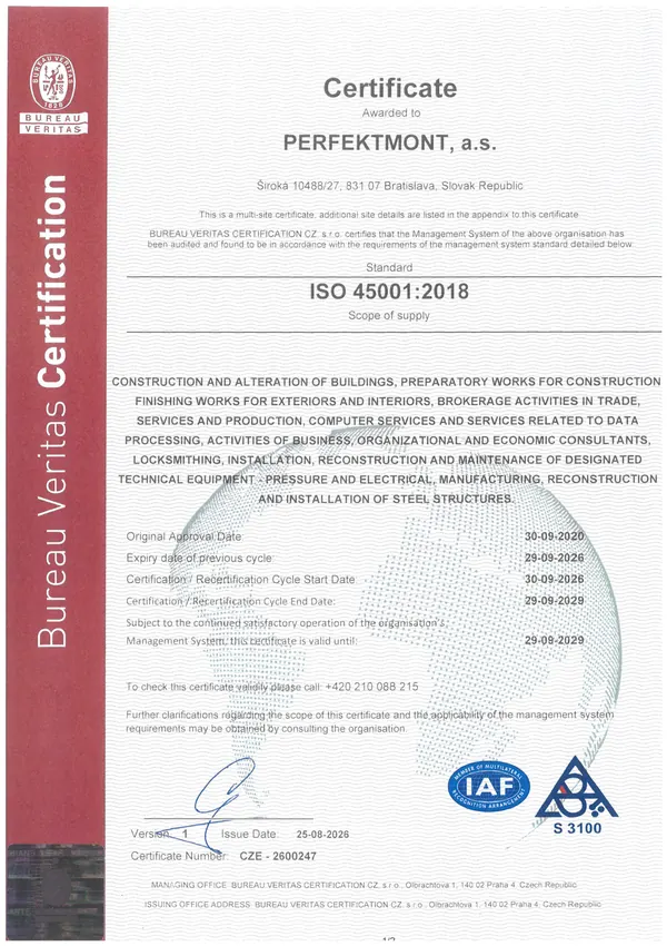 Certificate ISO 45001:2018 – Bureau Veritas Certification