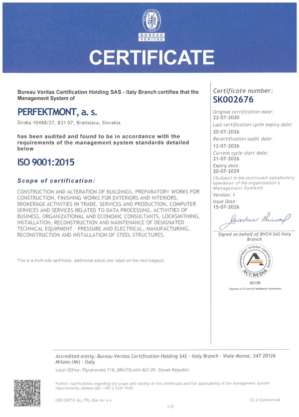 Certificate ISO 9001:2015 – Bureau Veritas Certification