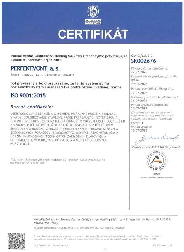 Certificate ISO 9001:2015 – Bureau Veritas Certification